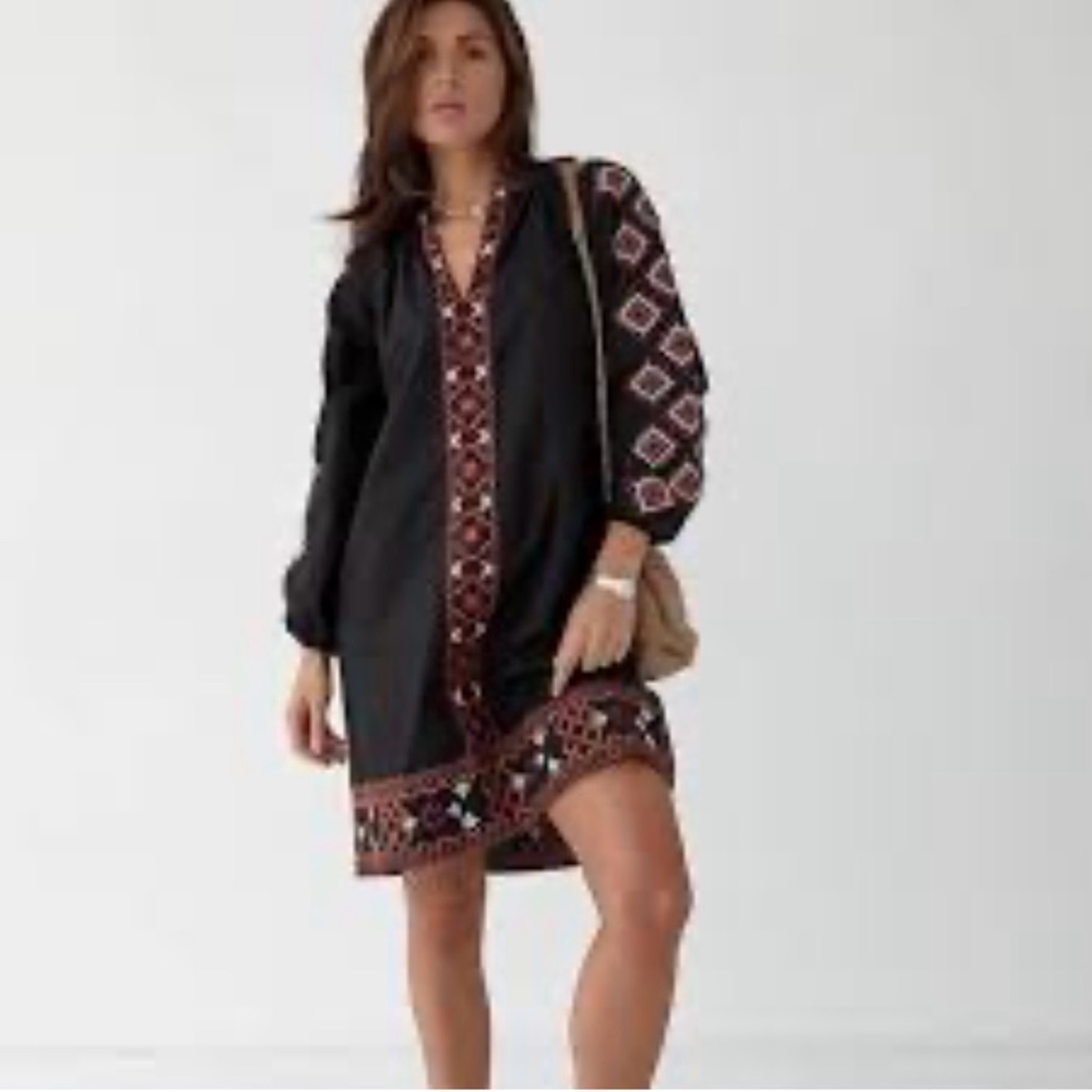 Zara Black & Tan Boho Embroidered Long Sleeve Mini Cotton/ Linen Dress, X-Small